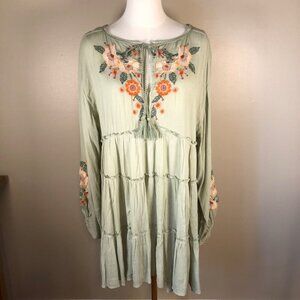 Free People Sage Green Floral Embroidered Boho Tunic Long Sleeve Dress Size S/P